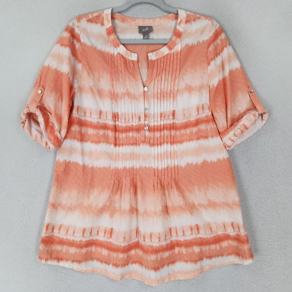 J Jill Shirt Womens Medium Orange White Pleated Lightweight Cotton Casual Top